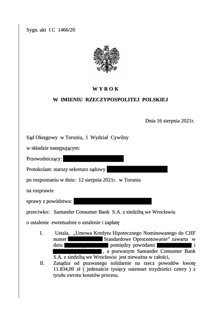 Wyrok w sprawie Santander Consumer nieważna umowa Kancelaria