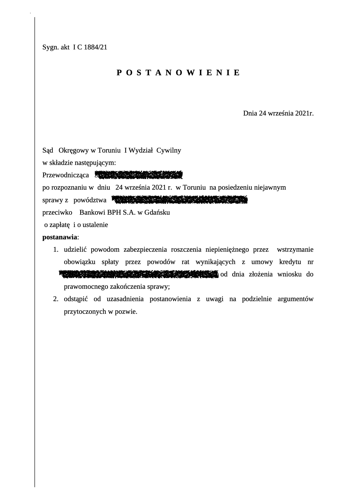 wstrzymanie spłaty rat BPH. zabezpieczenie w sprawie frankowej
