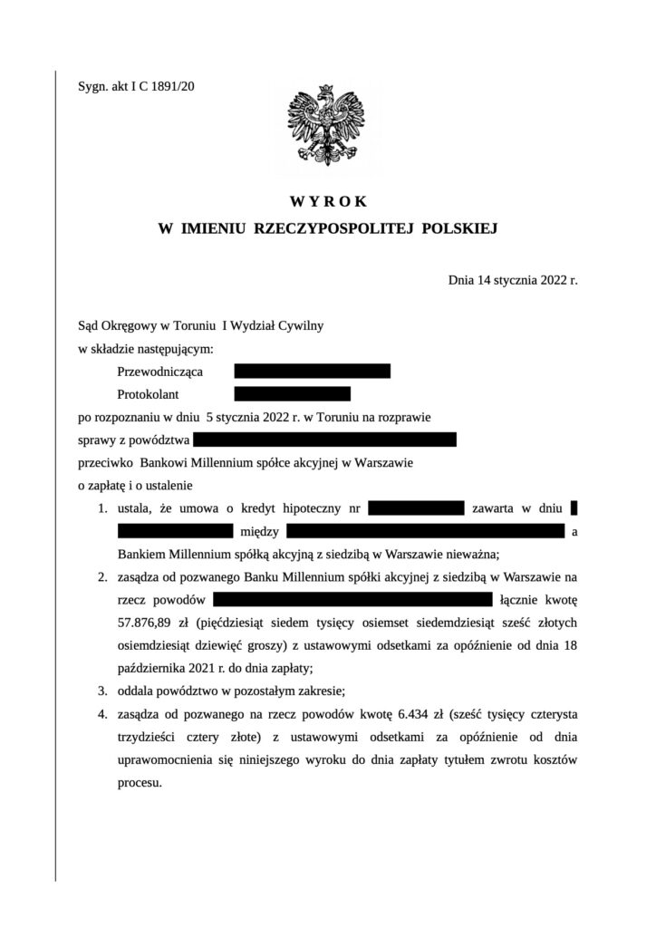 Unieważnienie umowy Banku Milenium pomoc frankowiczom Toruń. kredyty frankowe Bydgoszcz