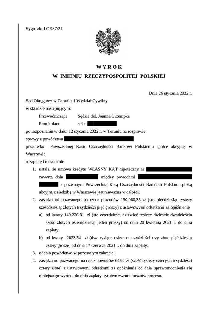 Własny Kąt hipoteczny sprawa frankowa Toruń. Pomoc w sprawach frankowych Grzechów.