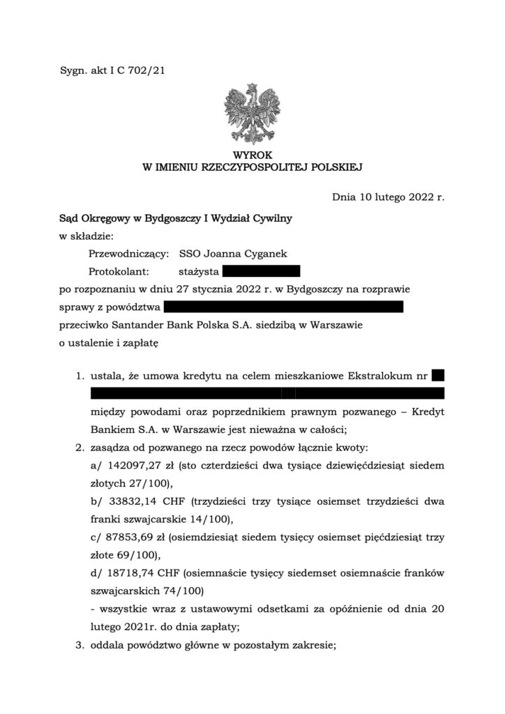 Wygrana przeciwko Santander. Kancelaria prawna Toruń. Pomoc frankowiczom Grębocin.