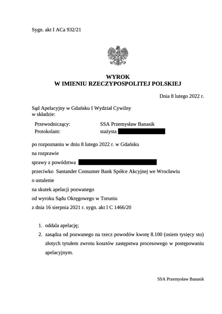 Wyrok przeciwko Santander Consumer Bank. Kancelaria prawna Toruń. Pomoc frankowa Warszawa.