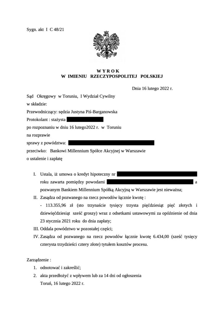 Nieważna umowa Milennium. Kancelaria Brodniccy Toruń. Pomoc frankowiczom Grębocin.