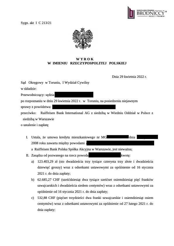 Frankowicze wygrywają z Raiffeisen Bank. Unieważnienie kredytu frankowego