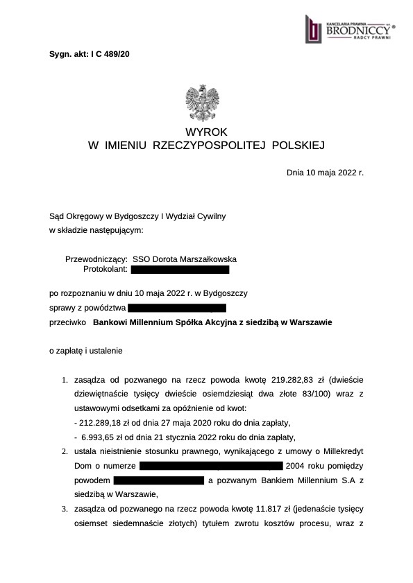 Kolejna wygrana z Millennium. Wyrok unieważnienie umowy millennium. Pomoc frankowiczom z millennium