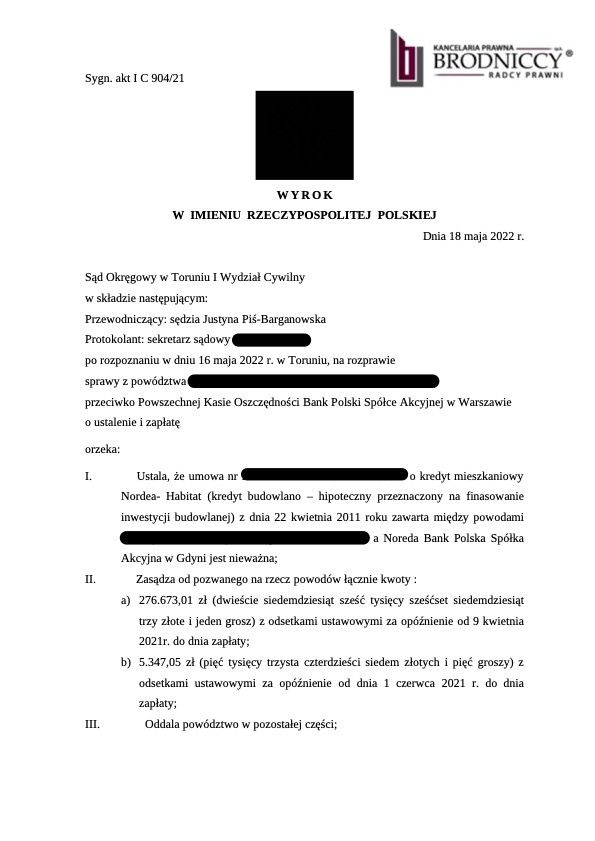 Umowa Nordea 2011 nieważna. Wyrok I C 904:21. Unieważnienie umowy Nordea Habitat z 2011 roku