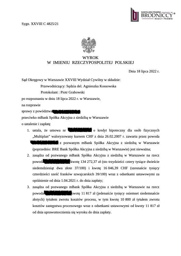 Unieważnienie umowy Multiplan waloryzowany kursem CHF z 2007 r.