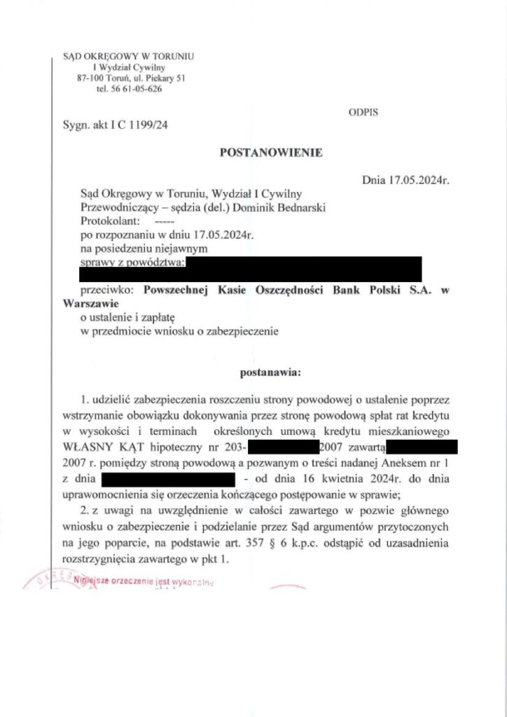 Aneks frankowy do umowy kredytu złotowego Własny kąt hipoteczny. Postanowienie o zabezpieczeniu