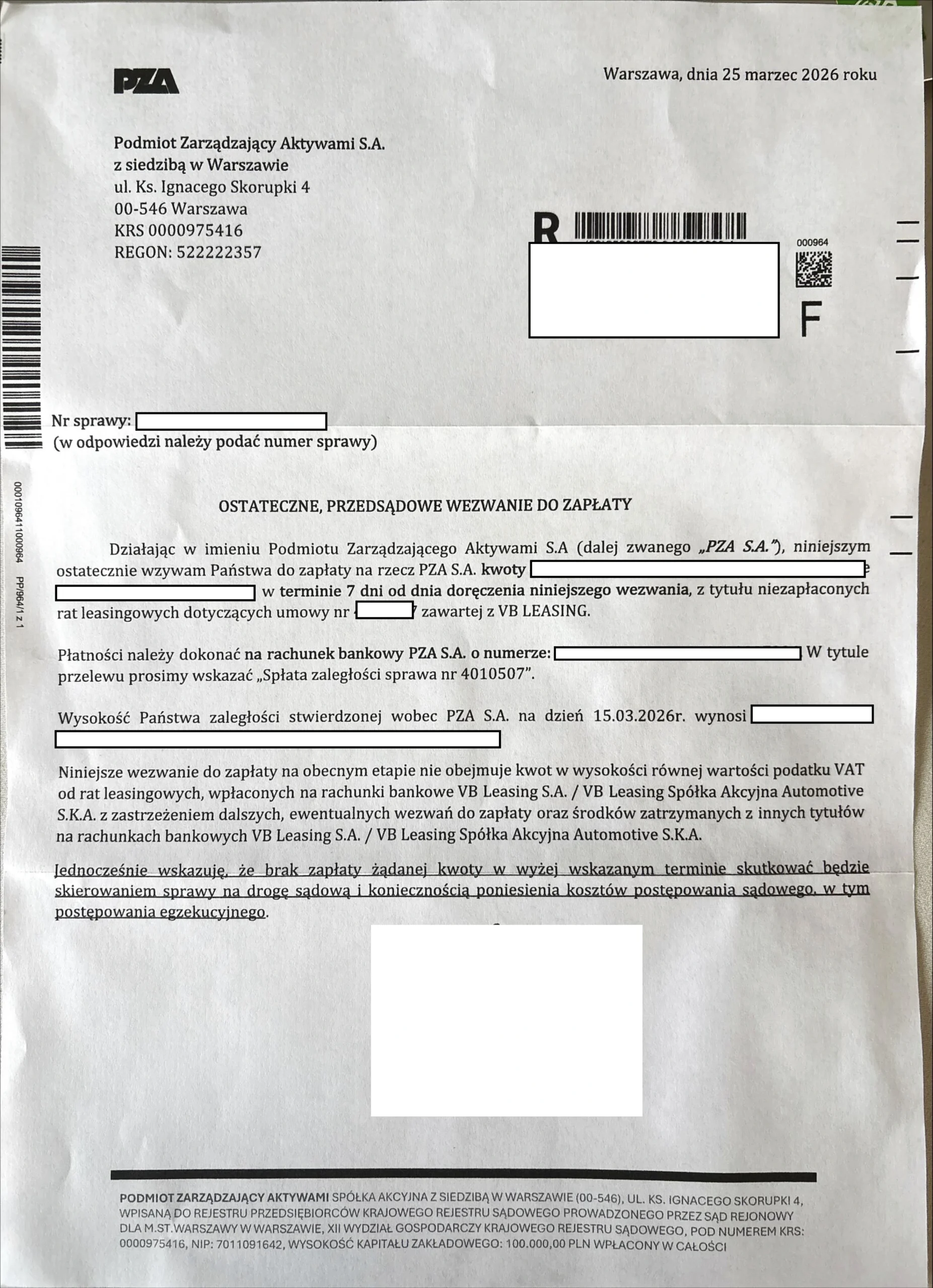 Wezwanie do zapłaty PZA – przykład dokumentu