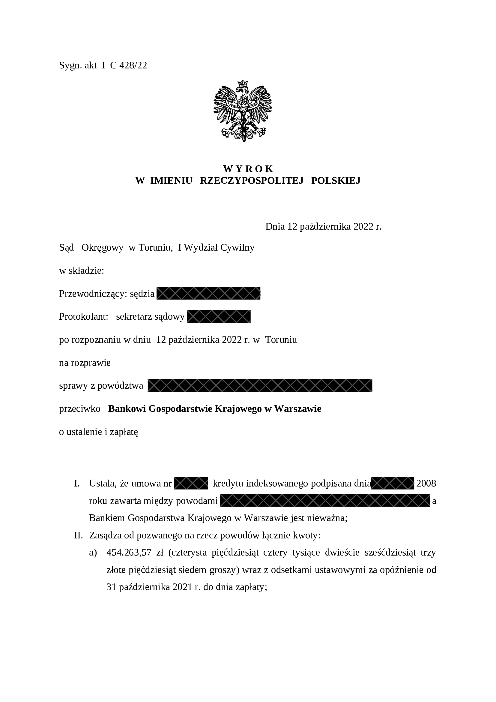Wyrok BGK – nieważność kredytu indeksowanego, Sąd Okręgowy w Toruniu, 12 października 2022 r., sygn. I C 428/22 – strona 1