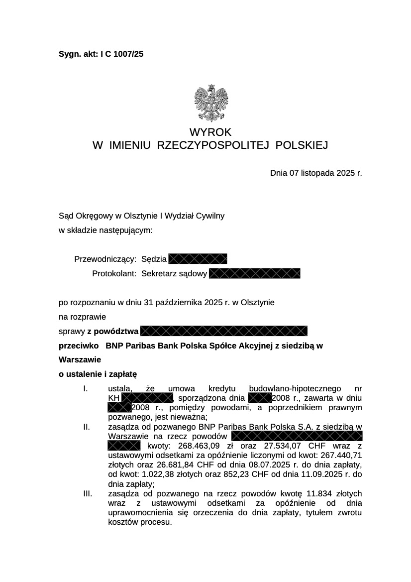 Wyrok BNP Paribas / Fortis Bank – nieważność kredytu 2008, Sąd Okręgowy w Olsztynie, 7 listopada 2025 r., sygn. I C 1007/25