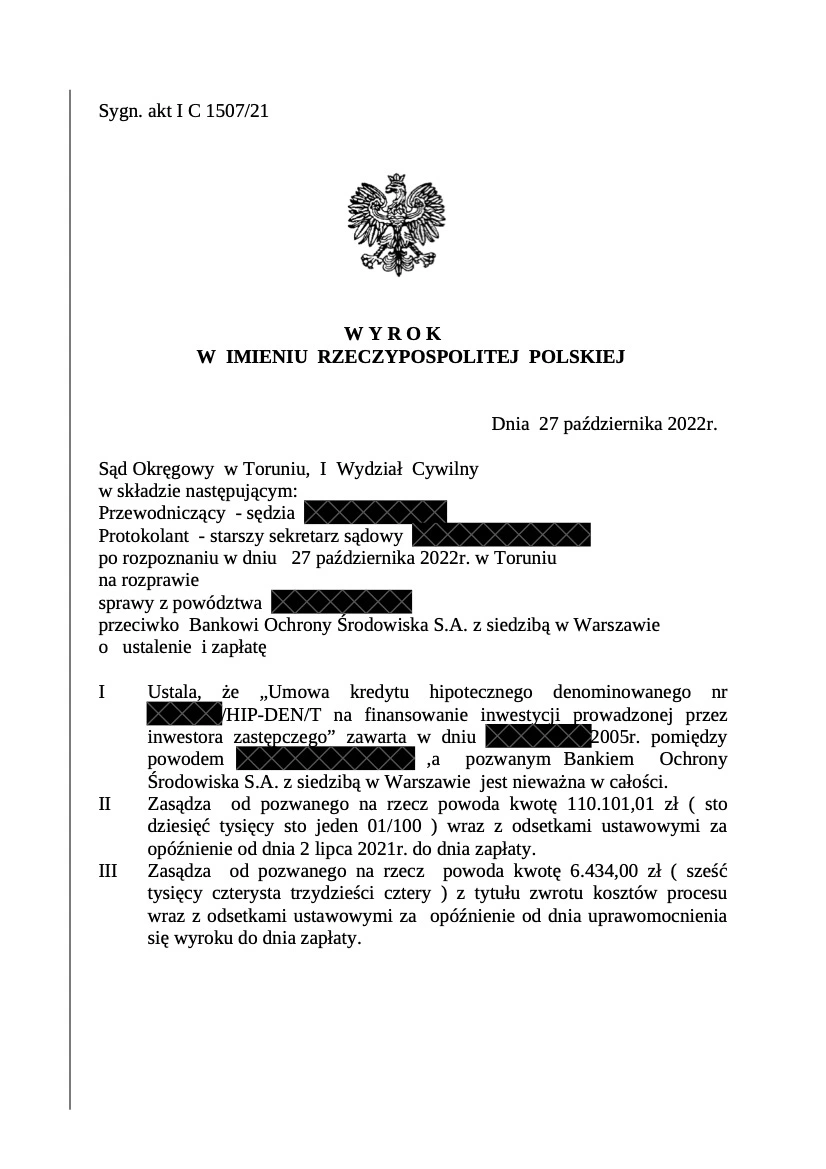 Wyrok SO w Toruniu z 27 października 2022 r. – nieważność kredytu denominowanego BOŚ z 2005 r., sygn. I C 1507/21