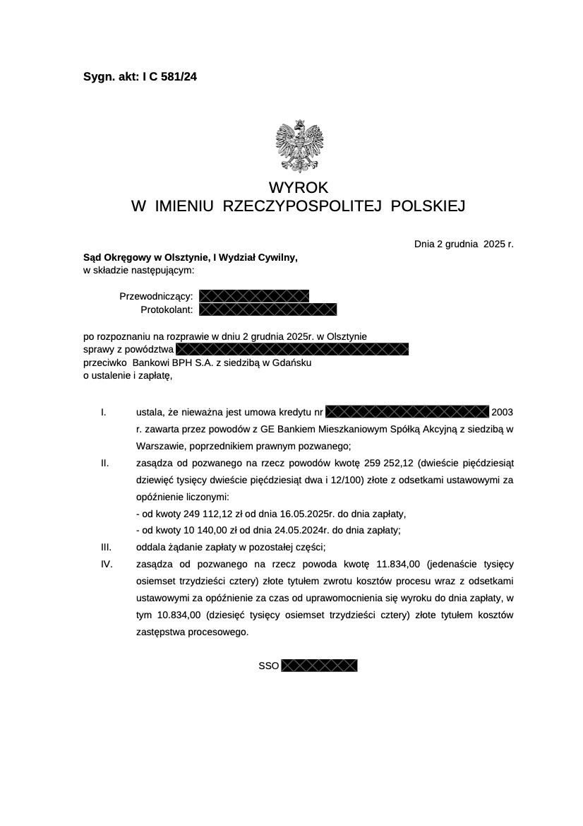 Wyrok Bank BPH – nieważność kredytu frankowego, retroaktywność potrącenia, Sąd Okręgowy w Olsztynie, 2 grudnia 2025 r., I C 581/24