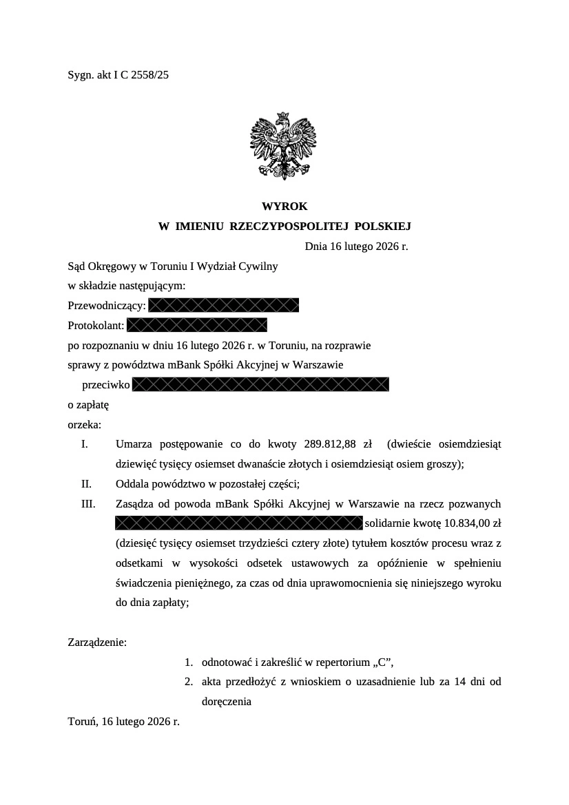 Wyrok mBank – odsetki po unieważnieniu kredytu frankowego, Sąd Okręgowy w Toruniu, 16 lutego 2026 r., sygn. I C 2558/25