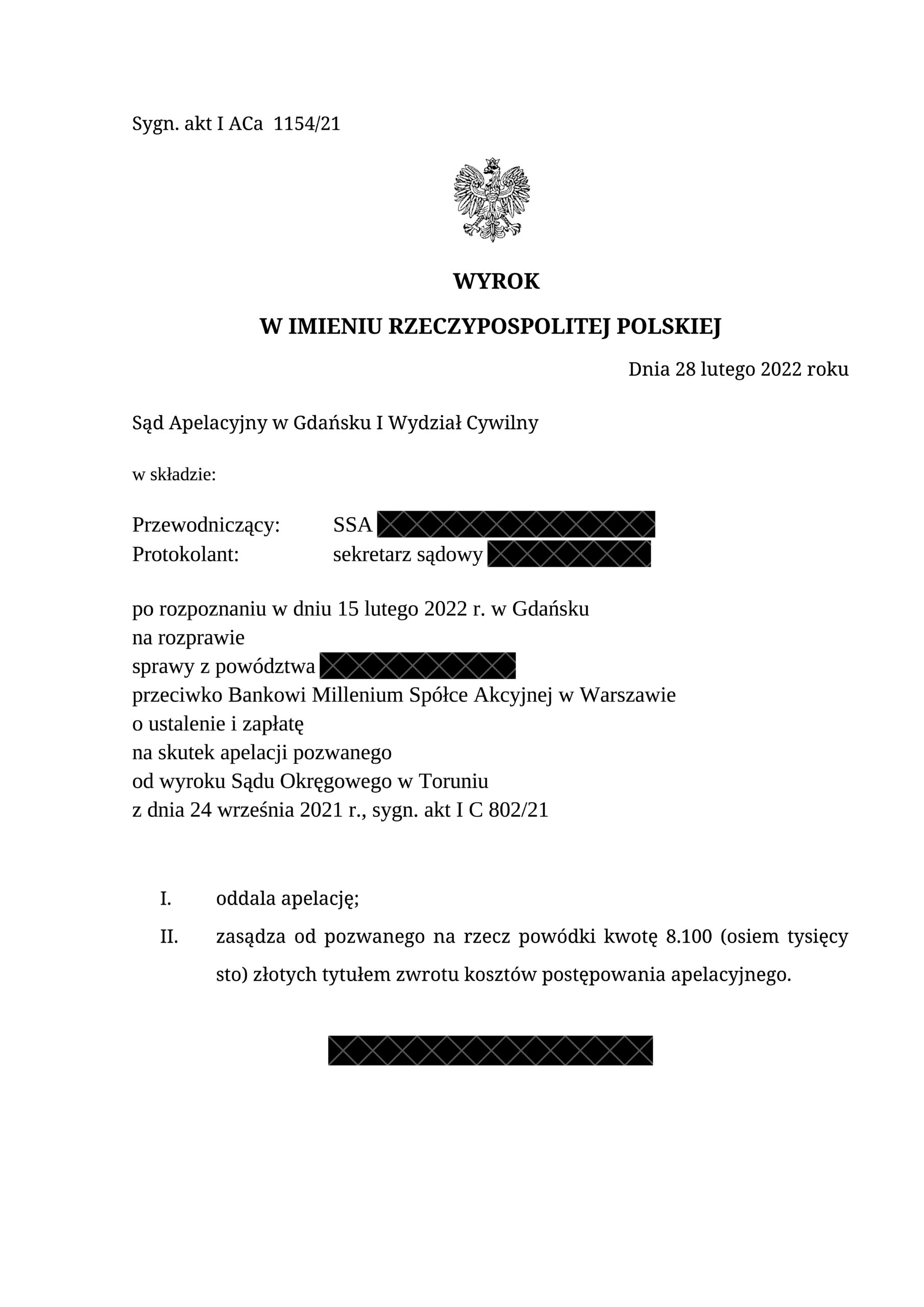Wyrok Bank Millennium – nieważność kredytu indeksowanego, Sąd Apelacyjny w Gdańsku, 28 lutego 2022 r., sygn. I ACa 1154/21
