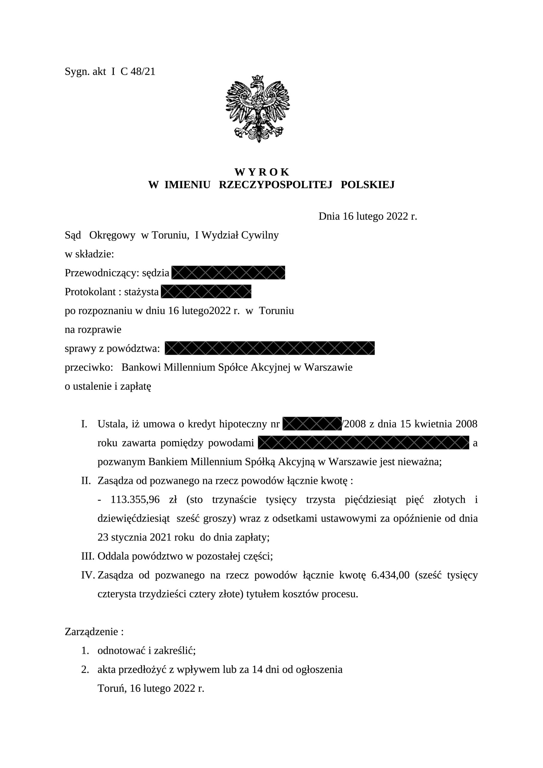 Wyrok Bank Millennium – nieważność kredytu indeksowanego, Sąd Okręgowy w Toruniu, 16 lutego 2022 r., sygn. I C 48/21
