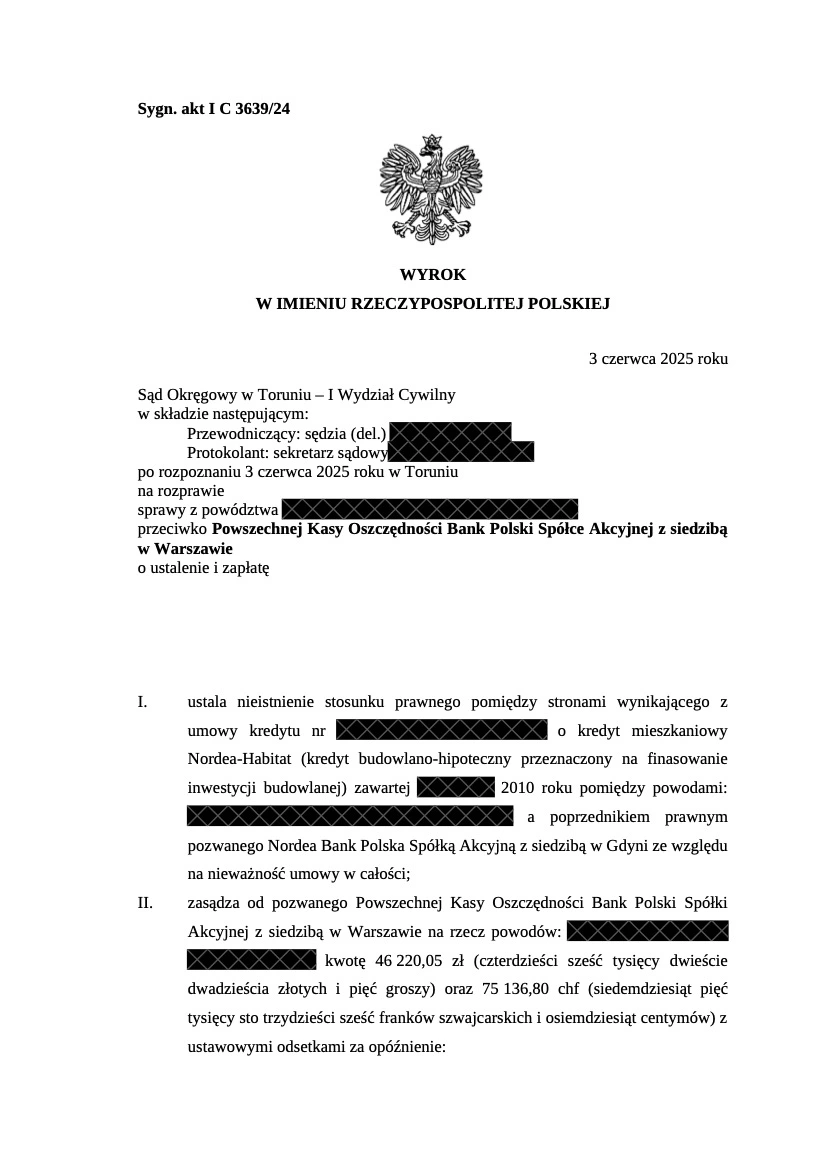 Wyrok PKO BP / Nordea-Habitat – nieważność kredytu denominowanego, Sąd Okręgowy w Toruniu, 3 czerwca 2025 r., sygn. I C 3639/24 – strona 1