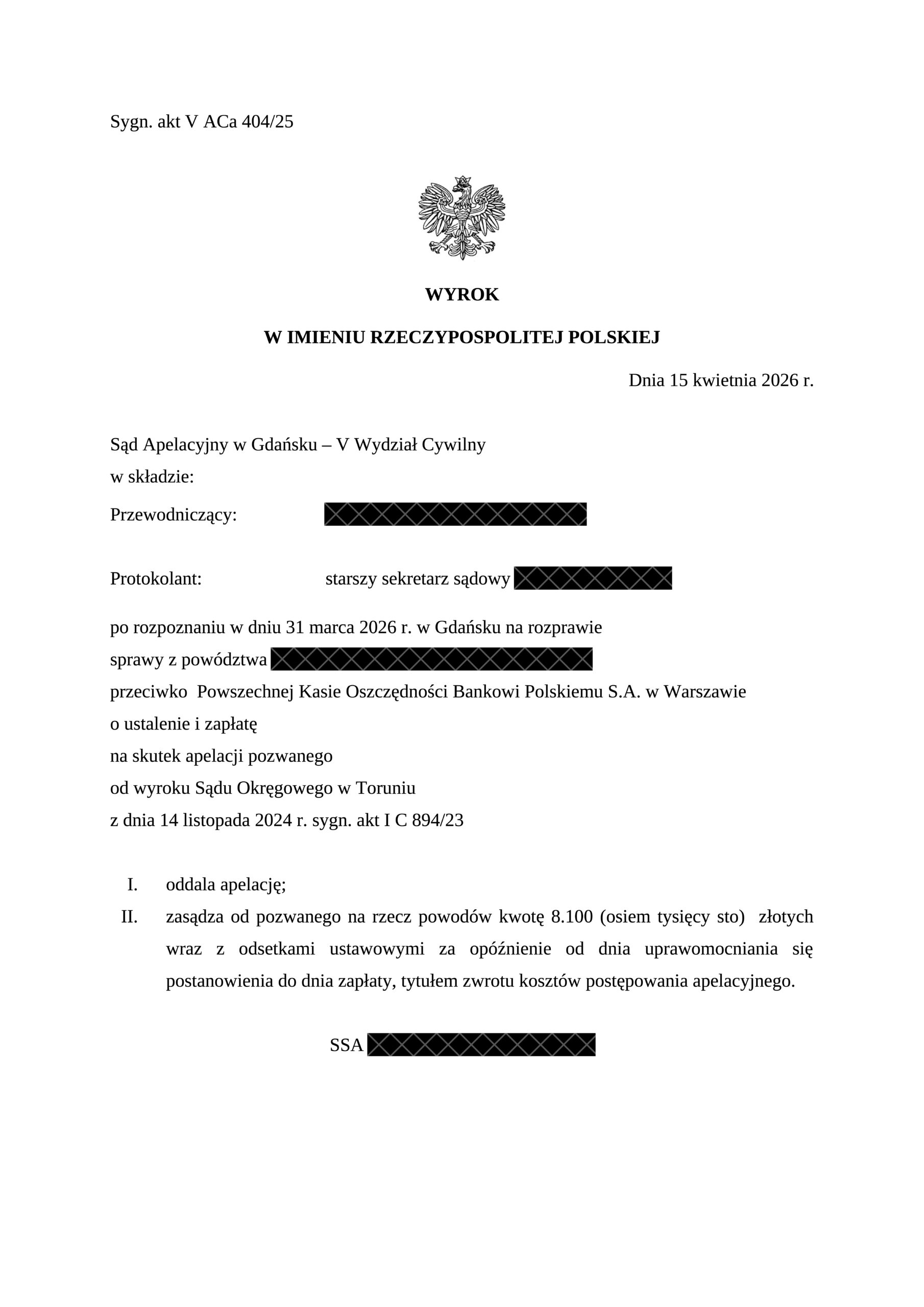Wyrok Sądu Apelacyjnego w Gdańsku z 15 kwietnia 2026 r., sygn. V ACa 404/25 – kredyt Nordea, nieważność umowy utrzymana w apelacji.