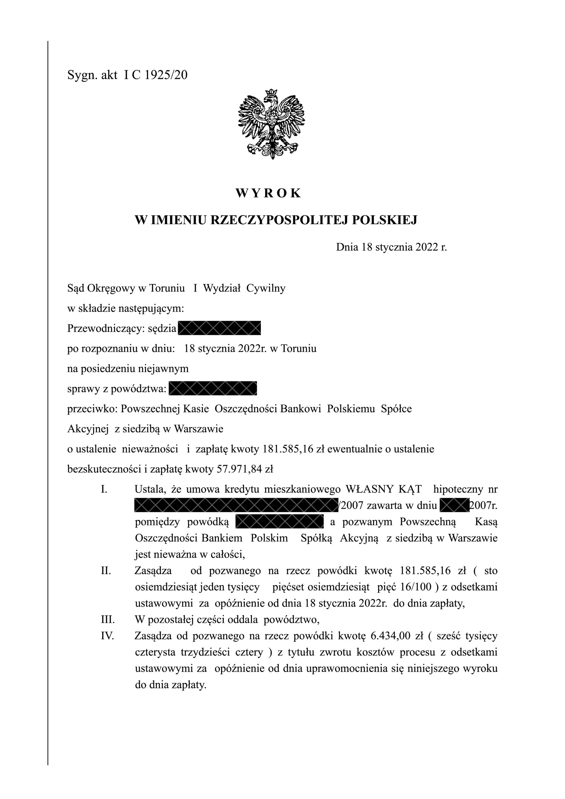 Wyrok PKO BP „Własny Kąt” – nieważność umowy, Sąd Okręgowy w Toruniu, 18 stycznia 2022 r., sygn. I C 1925/20