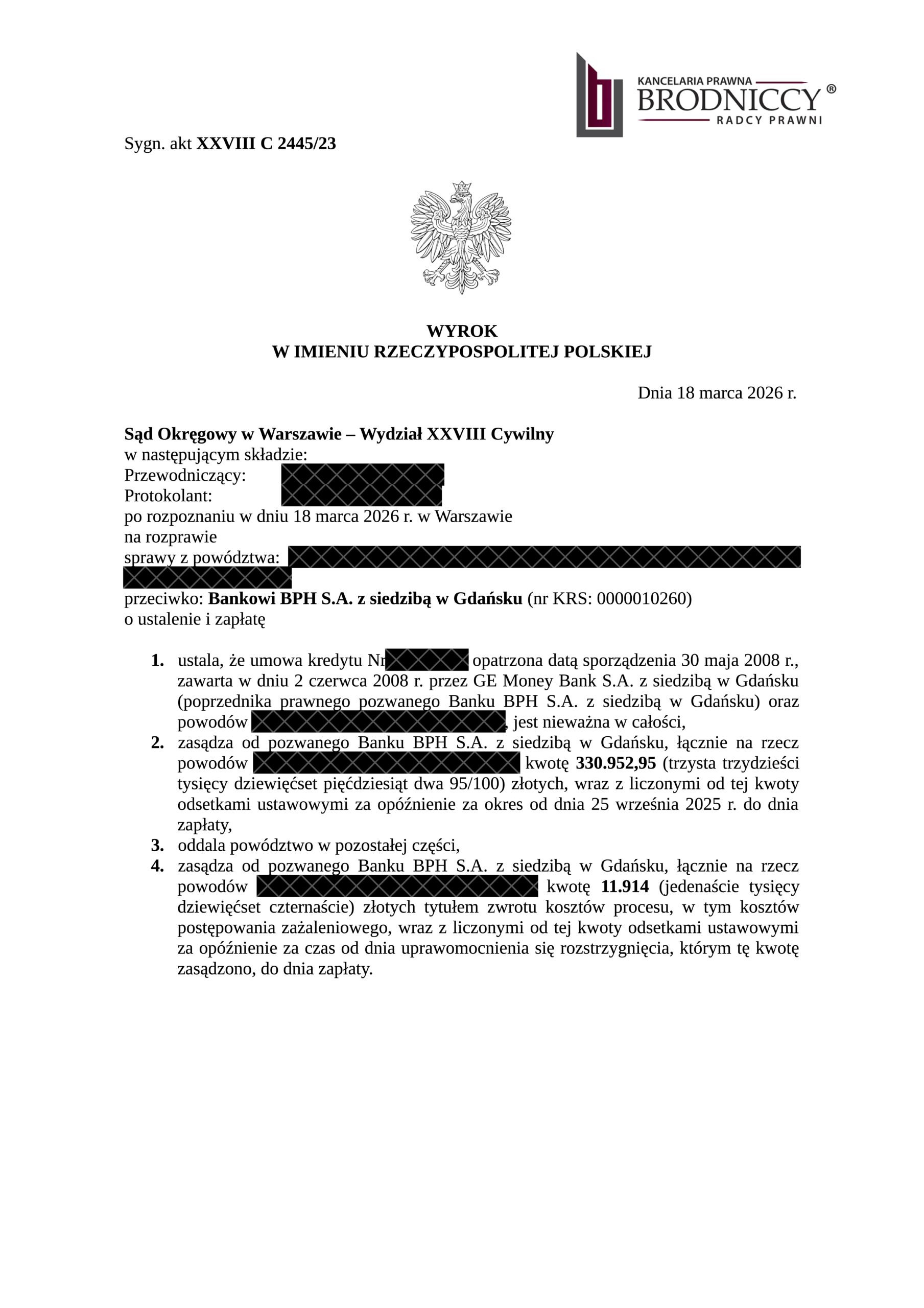 Zanonimizowany wyrok Sądu Okręgowego w Warszawie, sygn. XXVIII C 2445/23, w sprawie nieważności umowy kredytu przeciwko Bankowi BPH S.A.