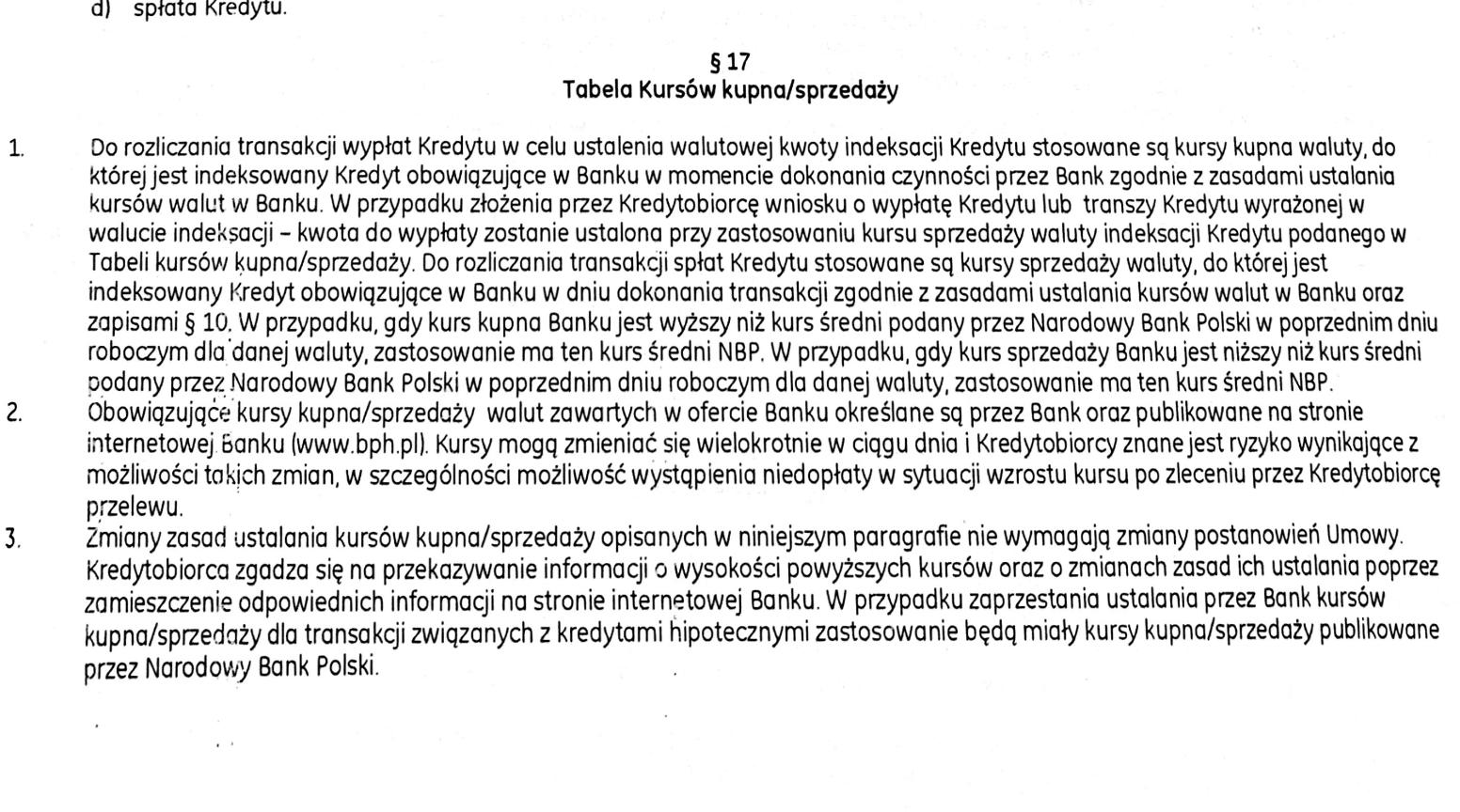 Fragment § 17 umowy Bank BPH GE Capital z 2011 r. dotyczący tabel kursów kupna i sprzedaży CHF