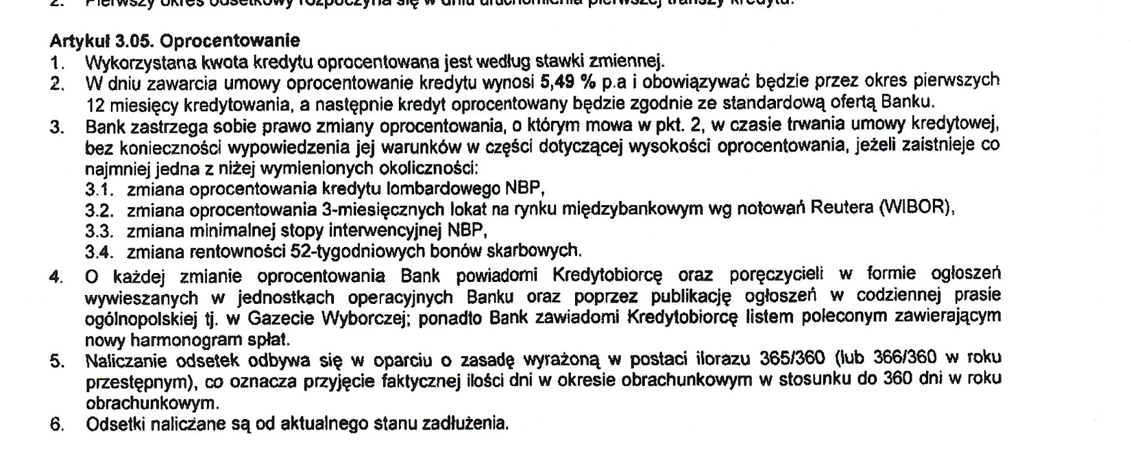 Fragment umowy kredytu Banku Zachodniego WBK dotyczący zmiennego oprocentowania