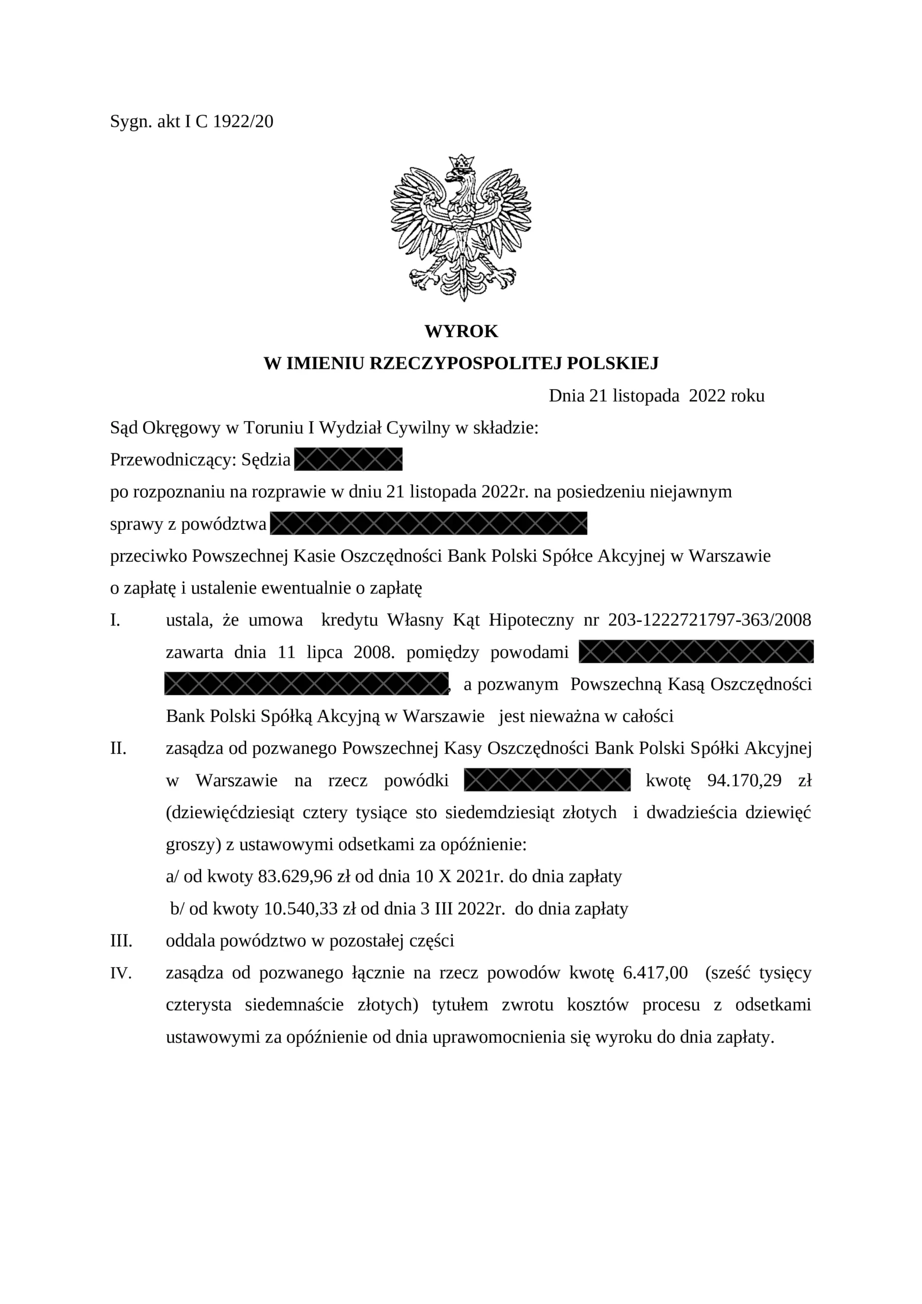 Wyrok PKO BP – nieważność umowy Własny Kąt hipoteczny, Sąd Okręgowy w Toruniu, 21 listopada 2022 r., sygn. I C 1922/20