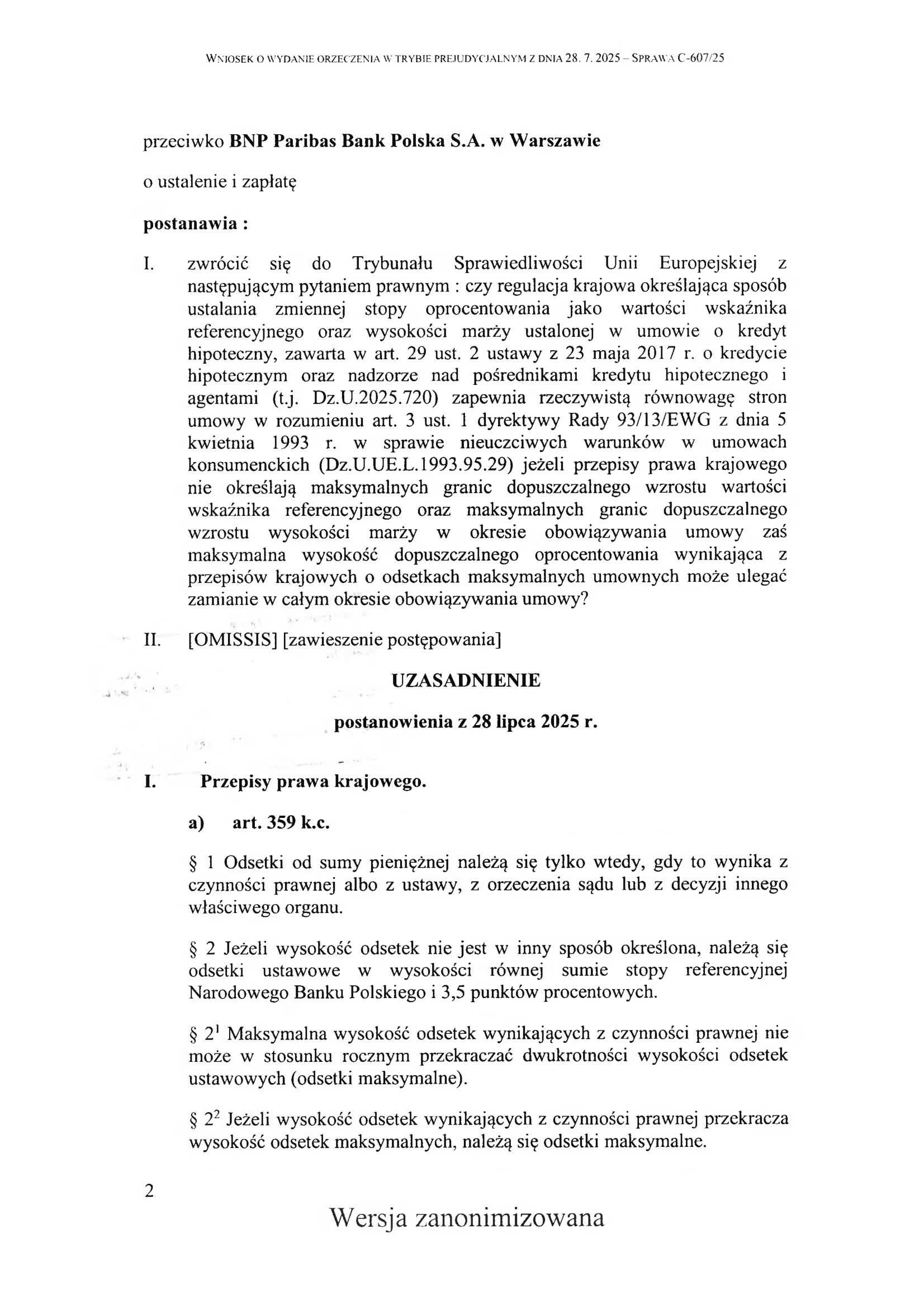 Pytanie prejudycjalne w sprawie C-607/25 Koź dotyczącej kredytu złotowego WIBOR przed TSUE