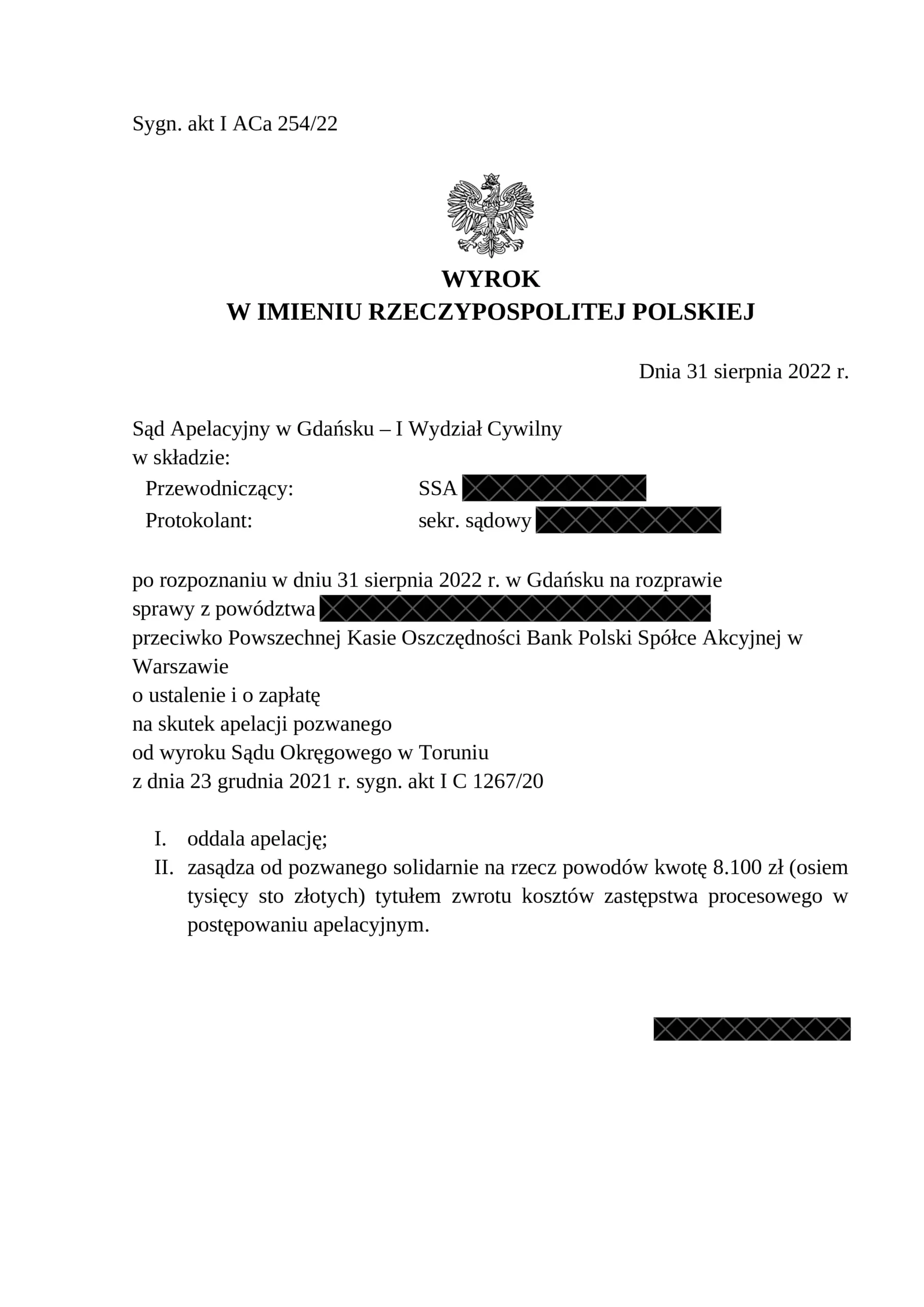 Wyrok PKO BP – oddalenie apelacji i prawomocna nieważność umowy, Sąd Apelacyjny w Gdańsku, 31 sierpnia 2022 r., sygn. I ACa 254/22
