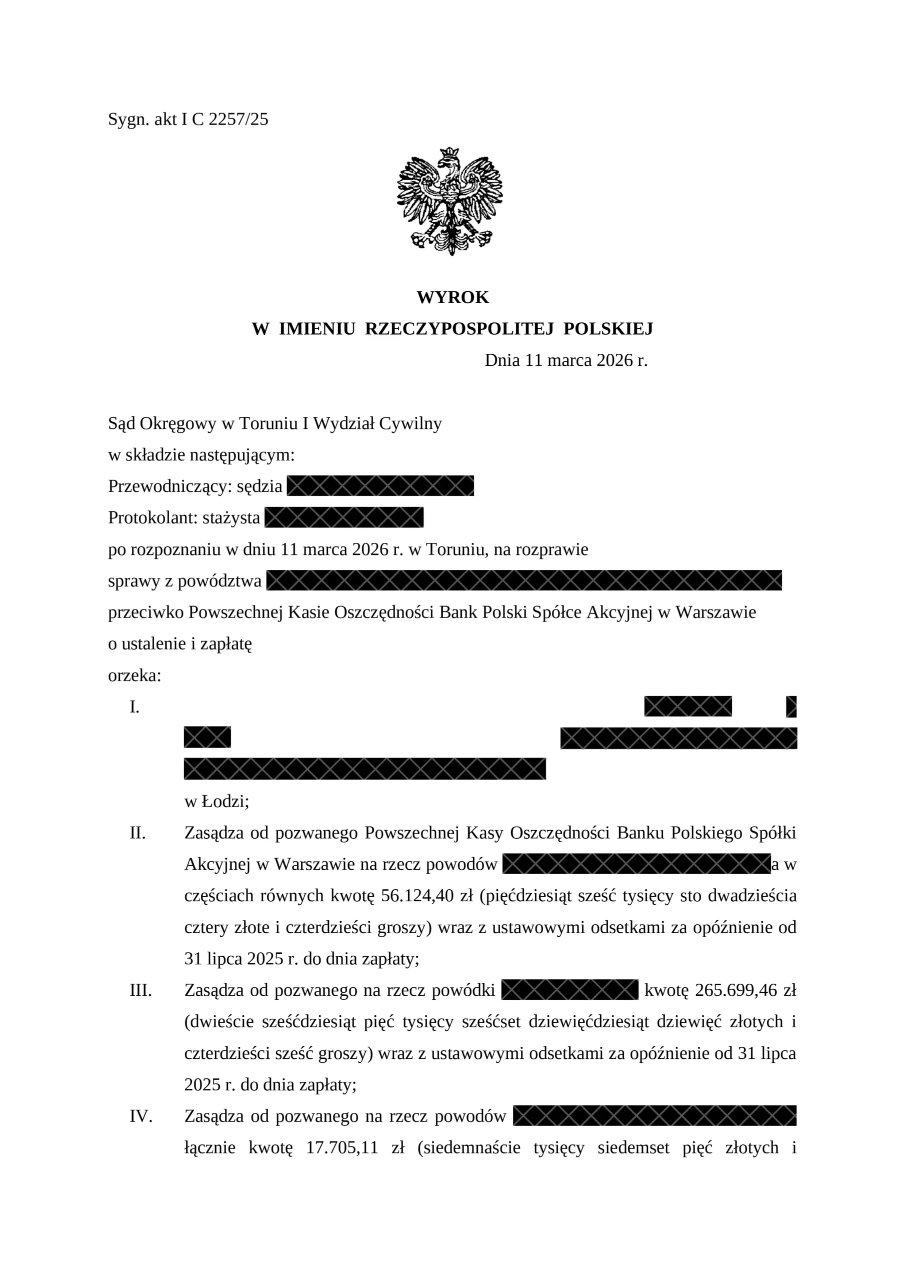 Wyrok PKO BP – nieważność kredytu AVANTE, Sąd Okręgowy w Toruniu, 11 marca 2026 r., sygn. I C 2257/25, strona 1