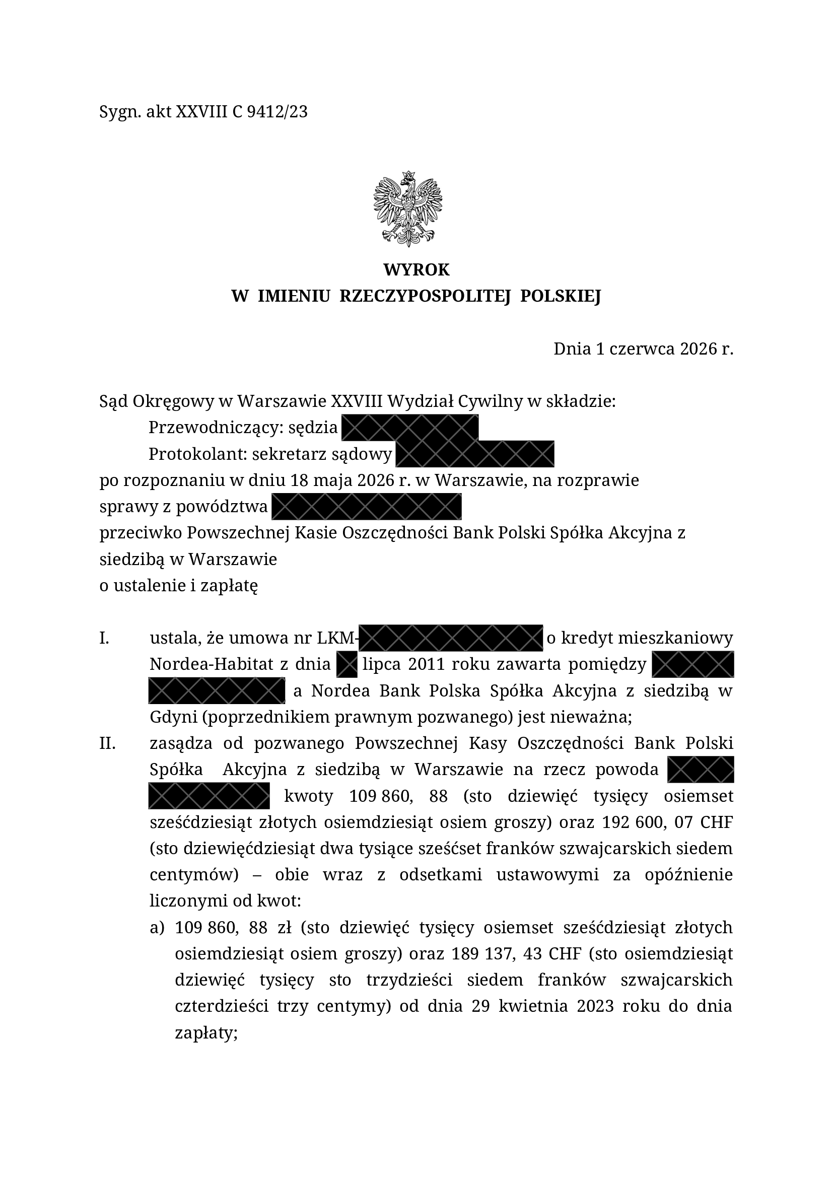 Wyrok Nordea-Habitat – nieważność umowy kredytu, Sąd Okręgowy w Warszawie, 1 czerwca 2026 r., sygn. XXVIII C 9412/23 – strona 1